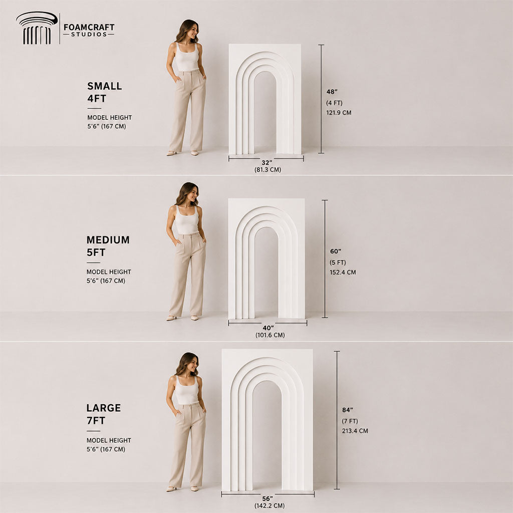 White layered arch backdrop displayed in small, medium, and large sizes next to a woman for scale, including dimensions for 4ft, 5ft, and 7ft options.