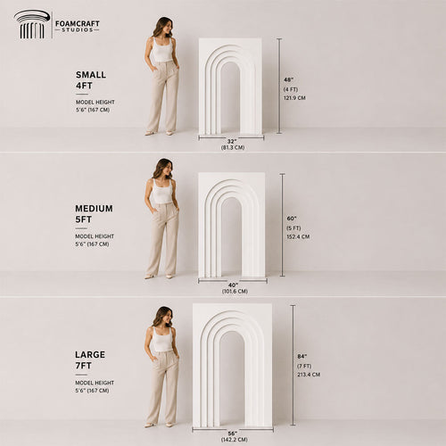 White layered arch backdrop displayed in small, medium, and large sizes next to a woman for scale, including dimensions for 4ft, 5ft, and 7ft options.