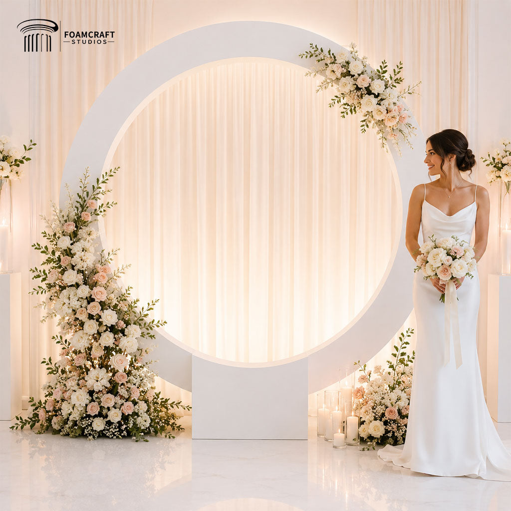 Elegant wedding setup featuring the Halo Ring Backdrop decorated with white flowers, candles, and soft drapery with bride posing beside it.
